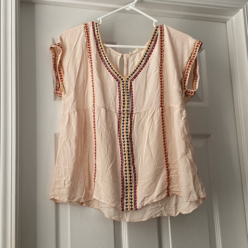 Source Unknown Cream Embroidered V-Neck Boho Top